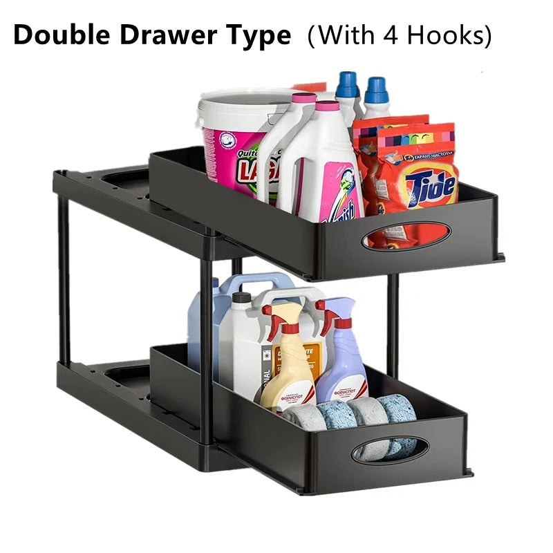 2-Tier Under Sink Sliding Organizer with Hooks