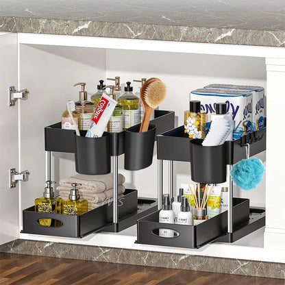2-Tier Under Sink Sliding Organizer with Hooks