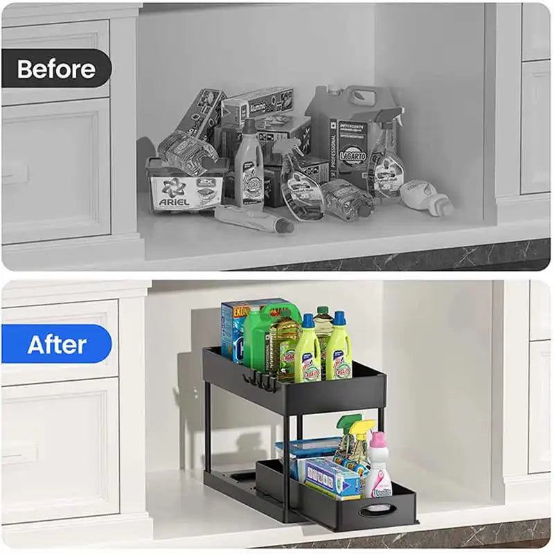 2-Tier Under Sink Sliding Organizer with Hooks